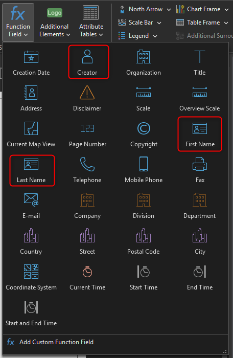 Screenshot of the available function fields
