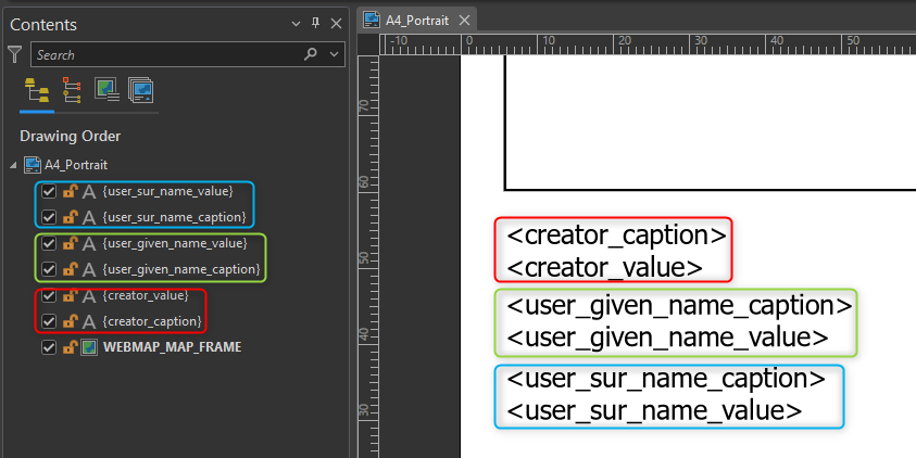 This picture shows the caption and value fields in an ArcGIS Pro layout