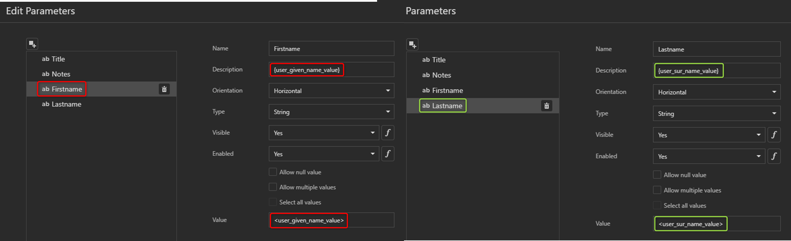 Screenshot from the settings of the parameters for first and last name