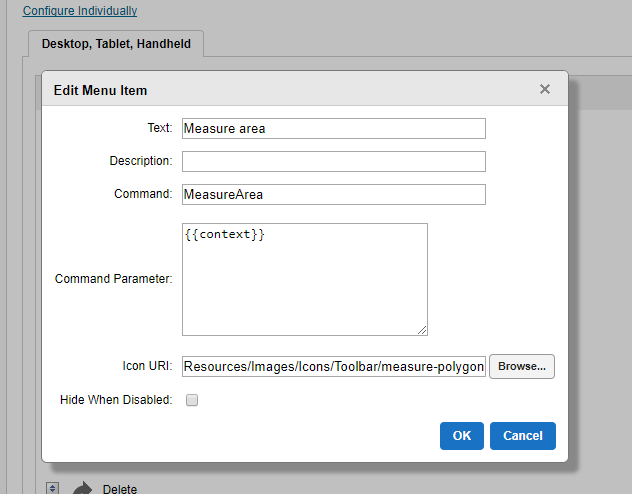 Adding a measure area action to map tip actions in Manager.