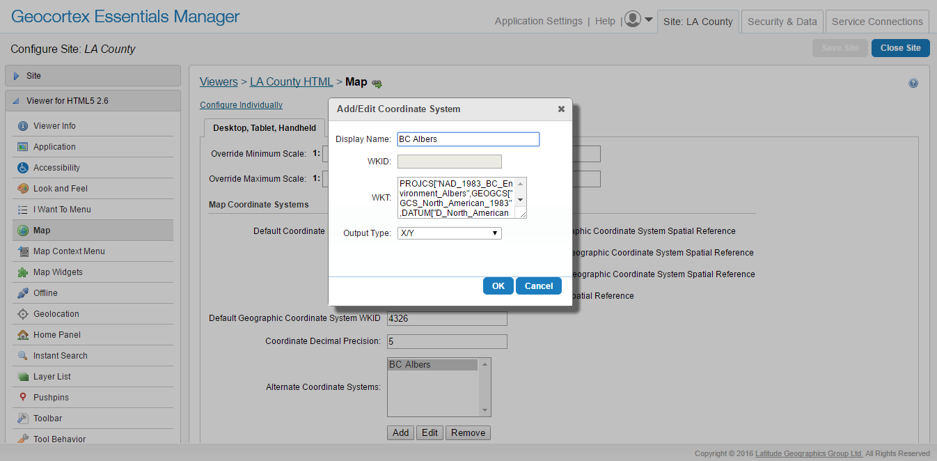 Adding a new spatial reference system to an HTML5 viewer using Essentials Manager.