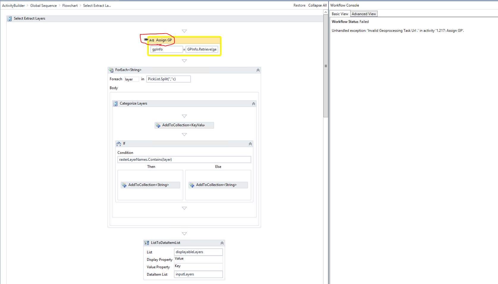 Screen capture showing Select Extract Layers Sequence with the Problematic Assign Activity.