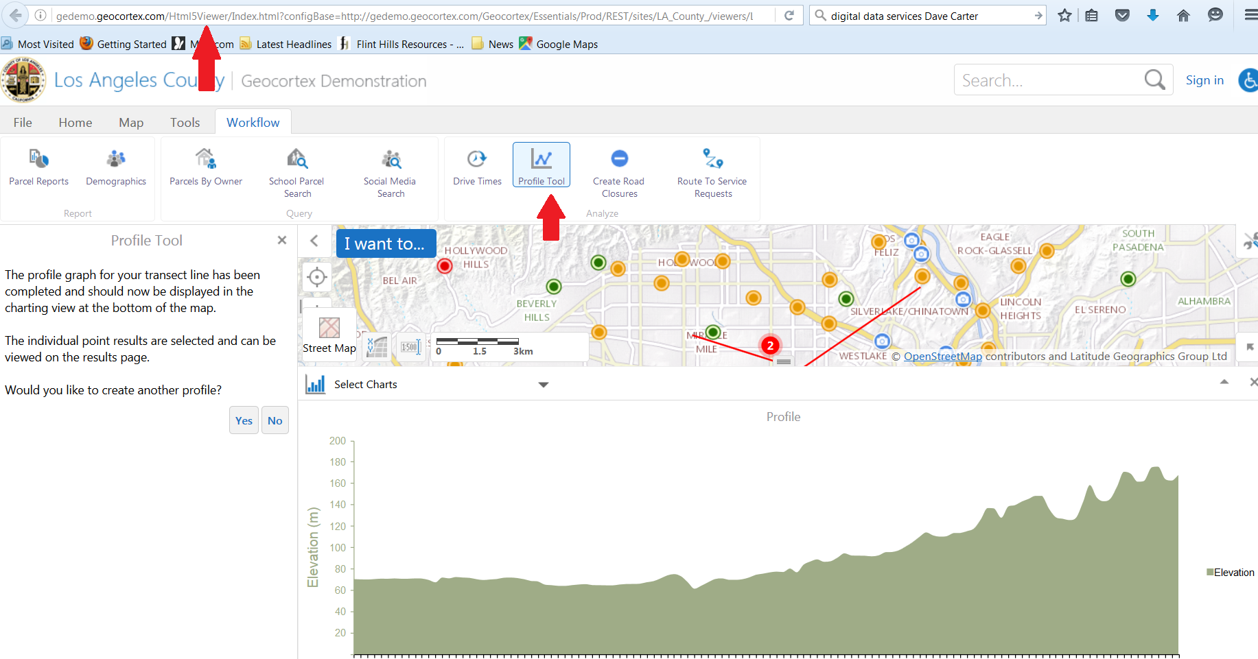Screenshot of LA County Demo HTML5 Viewer utilizing the Elevation Profile Tool