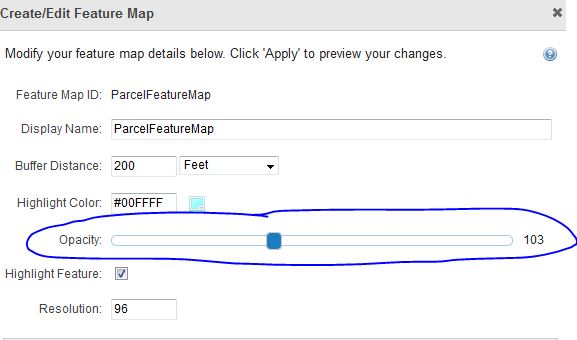 Picture showing Opacity option on the Feature Map tab for the layer