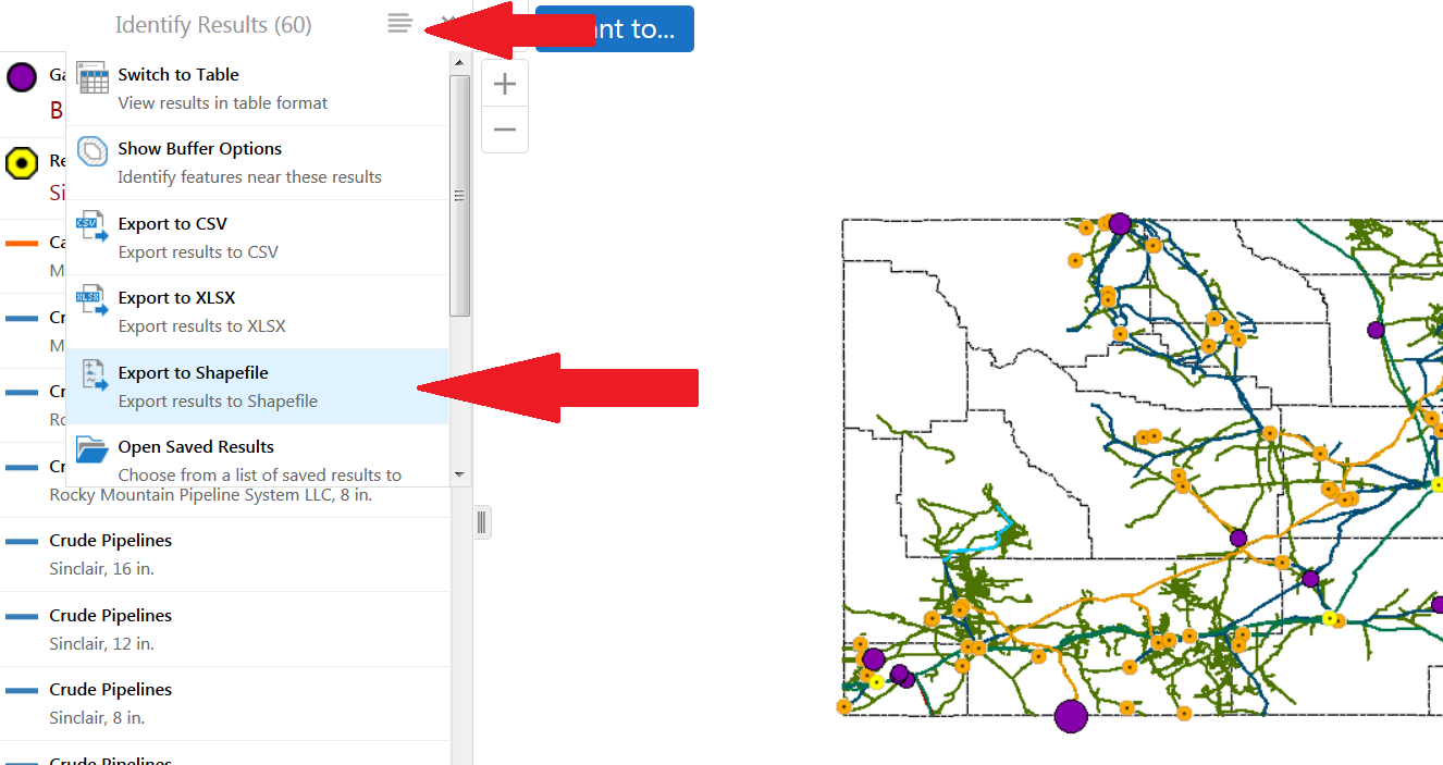 Image of Panel Actions Menu and Export to Shapefile module