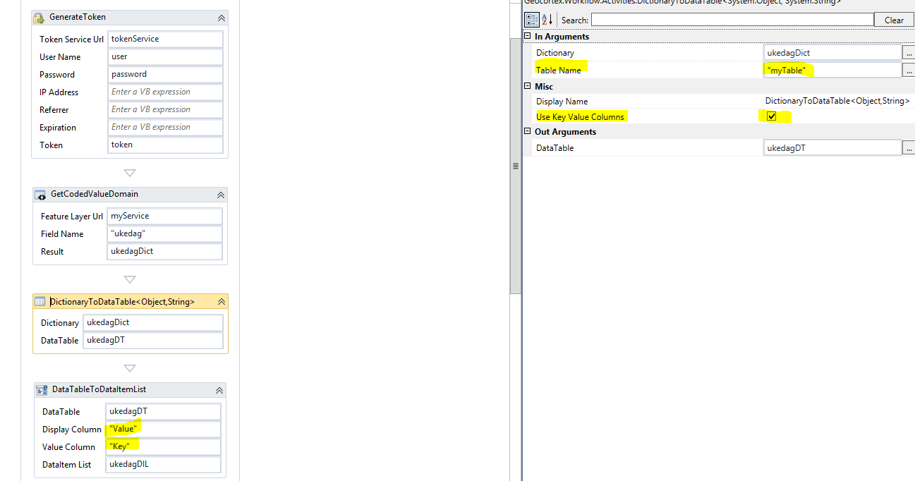 Going from Dictionary to DataItemList--- make note of the important settings for Table Name and Key Value Columns here.