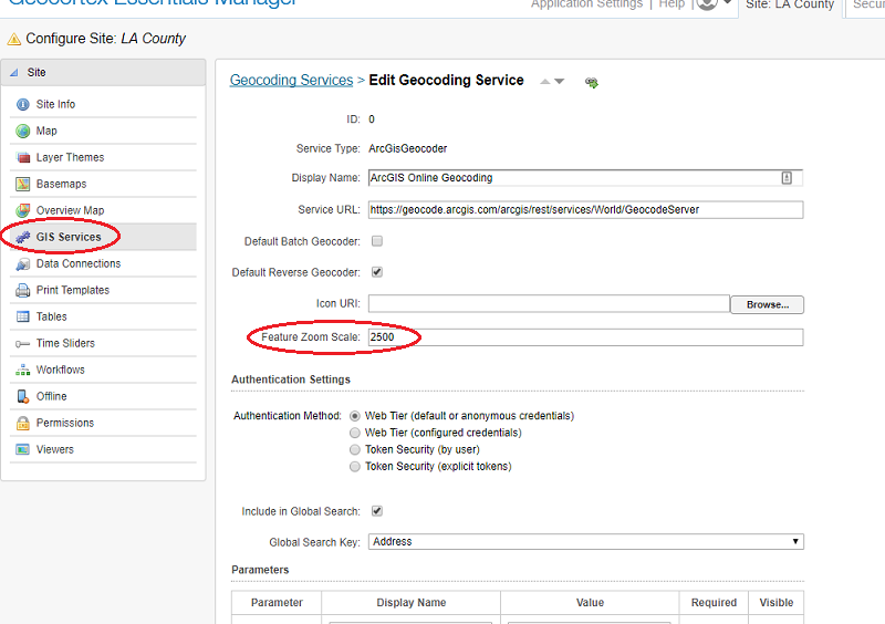 Setting a feature zoom scale for the ArcGIS Online Geocoding service in the LA County sample site.