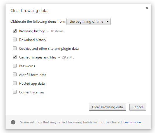 Chrome Clear History Defaults