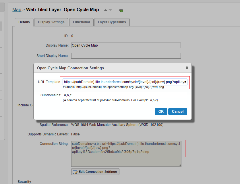 Thunderforest API key appended to the URL template in the Edit Connection String dialog.