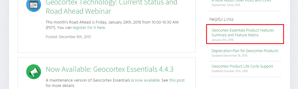 Location of the feature matrix under the Helpful Links section of the What's New page.
