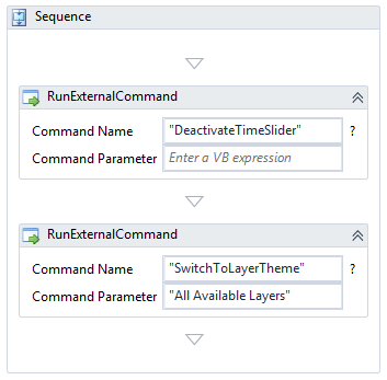 The workflow showing DeactivateTimeSlider and SwitchToLayerTheme as two RunExternalCommand activities