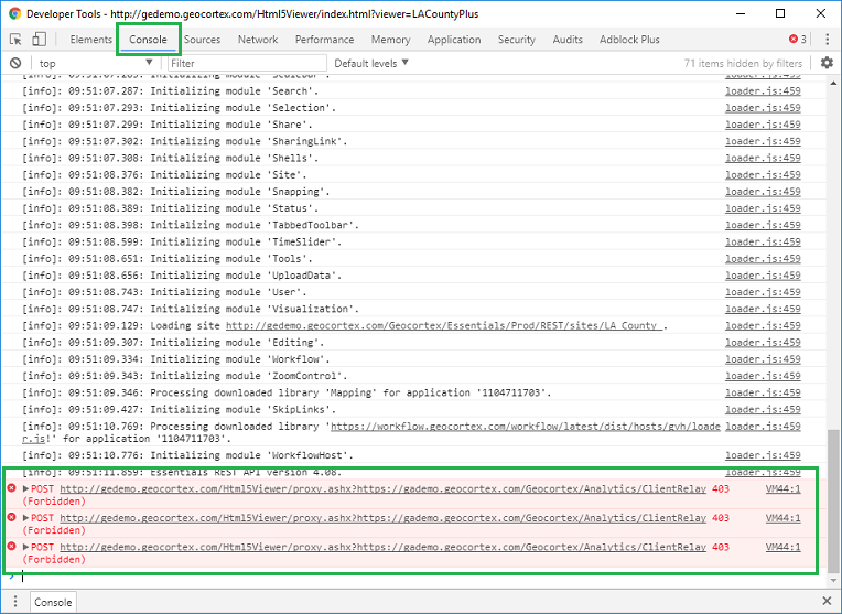 Screenshot showing errors in the browser console.