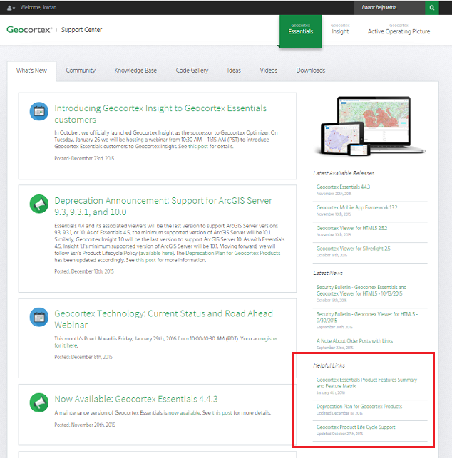Location of the new Helpful Links section: beneath the Latest News in the right-hand column of the What's New page.