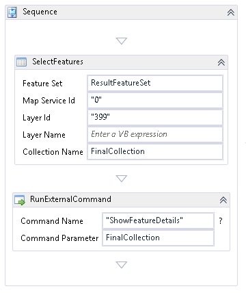 Workflow snippet selecting features and running the showfeaturedetails command.