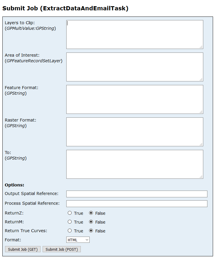 Rest Endpoint for ExtractDataAndEmailTask geoprocessing task.