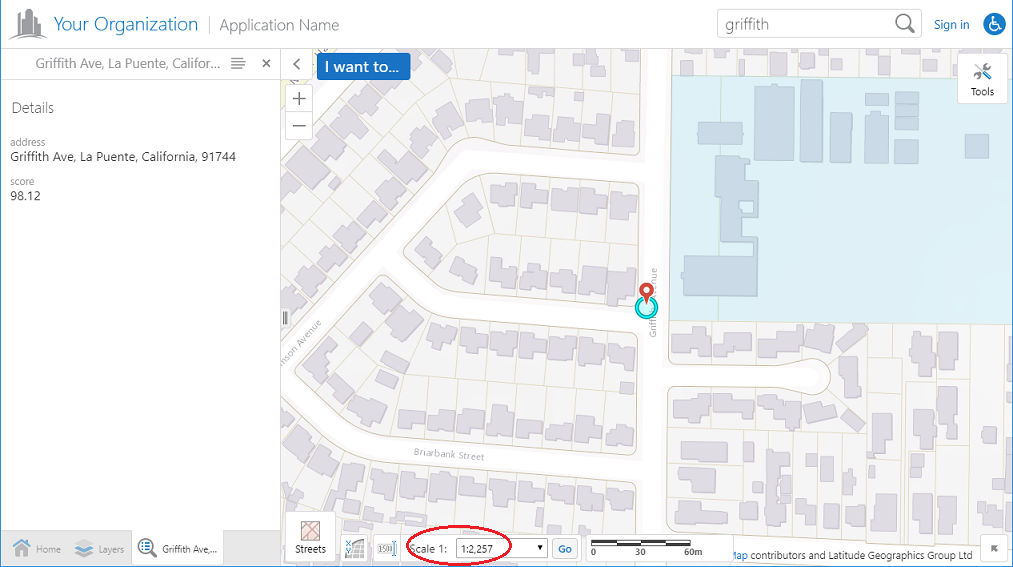 Screenshot of the viewer zoomed to a geocoding result. Note that the scale (1:2257) is the closest available scale to the 1:2500 value set in Manager.