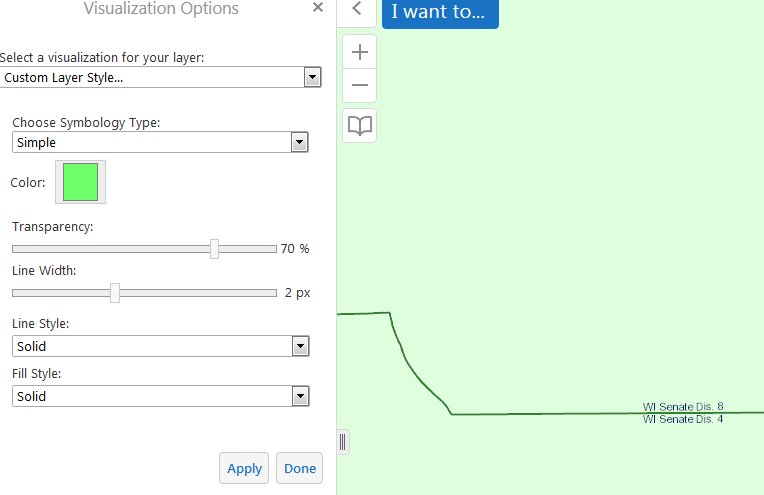 The Visualization Options window showing a fill symbol with 70% transparency but none of the underlying layers.