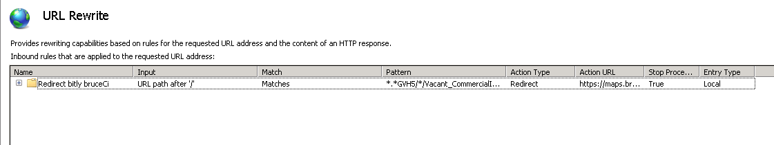 URL Rewrite overview screen