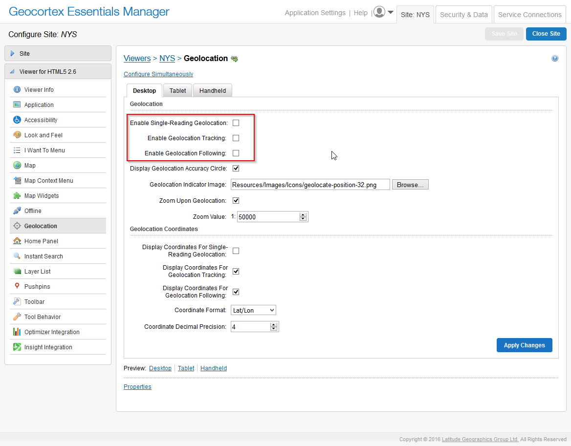 Where to turn geolocation off in an HTML5 viewer application with Geocortex Essentials Manager.