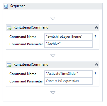 The workflow showing DeactivateTimeSlider and SwitchToLayerTheme as two RunExternalCommand activities