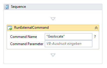 Screenshot from Workflow Designer, showing a RunExternalCommand activity calling the Geolocate command.